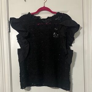 Elegant Black Lace Ruffle Blouse
